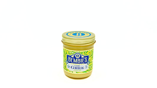 Bembie’s Grass-Fed Cow Ghee in a jar, premium clarified butter, NON-GMO, lactose-free, perfect for high-heat cooking.