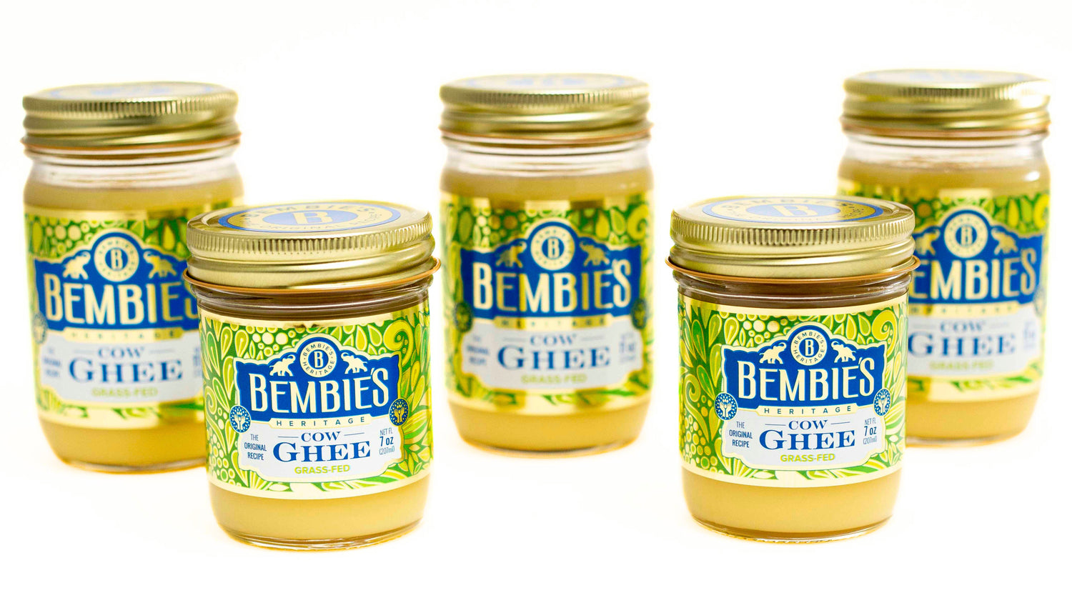 Bembie's Premium Grass-Fed Ghee Collection – 7 oz & 11 oz jars of pure, non-GMO, lactose and gluten free clarified butter, perfect for Keto and Paleo diets.